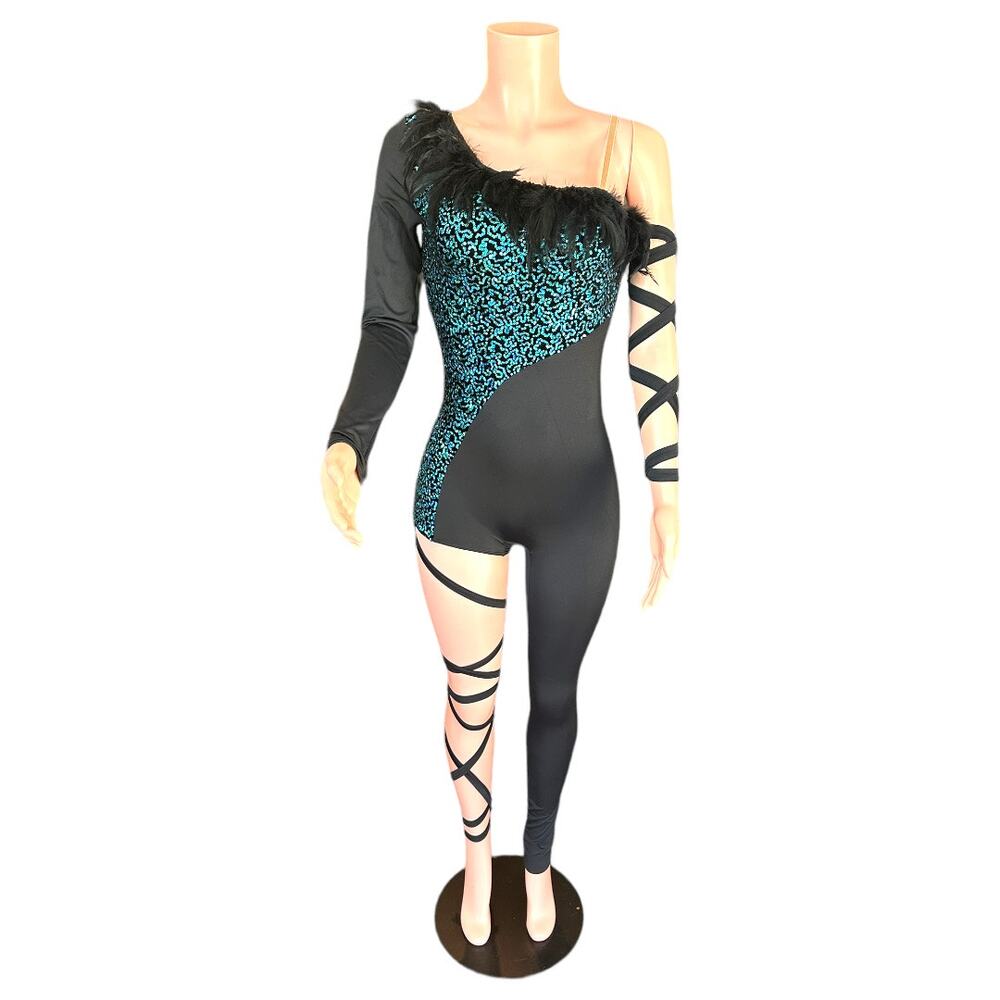 Weissman Black & Teal Sequin Feathers Dance Costume Style 5989 Adult Medium